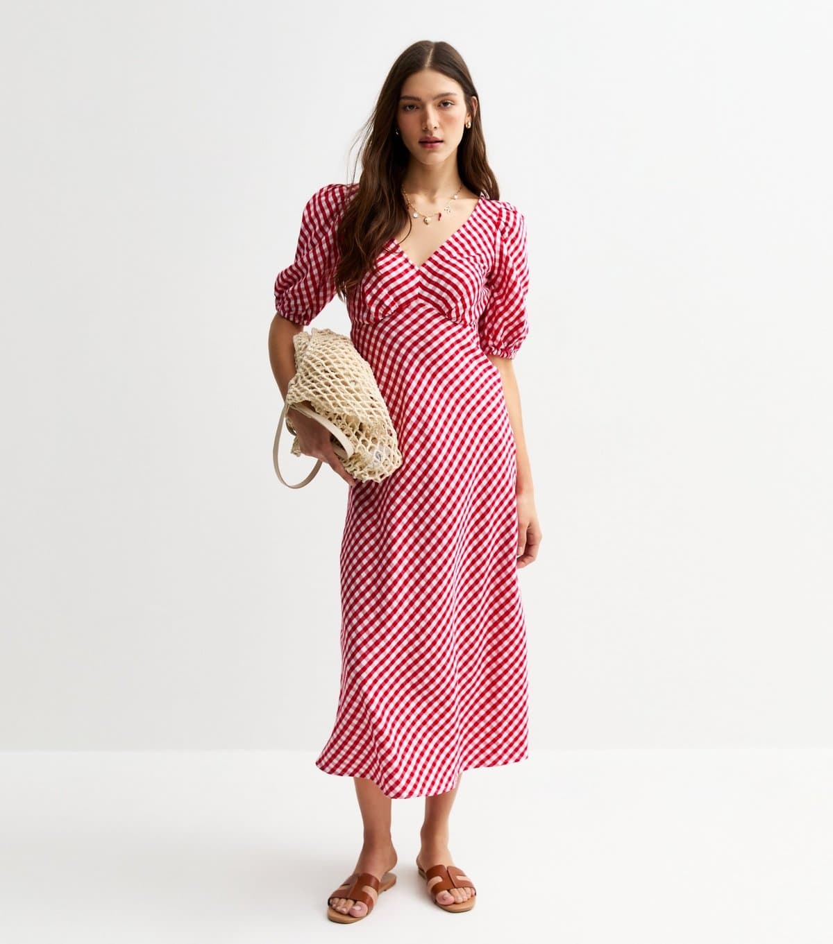 New Look Women's Red Gingham Bow Back Midi Dress New Look