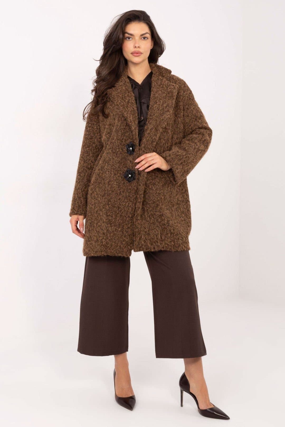 Love Lace Love Lace Women's Textured Button Front Coat with Detachable Brooch in Brown
