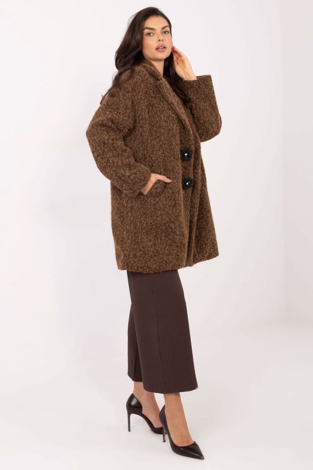 Love Lace Love Lace Women's Textured Button Front Coat with Detachable Brooch in Brown - 2