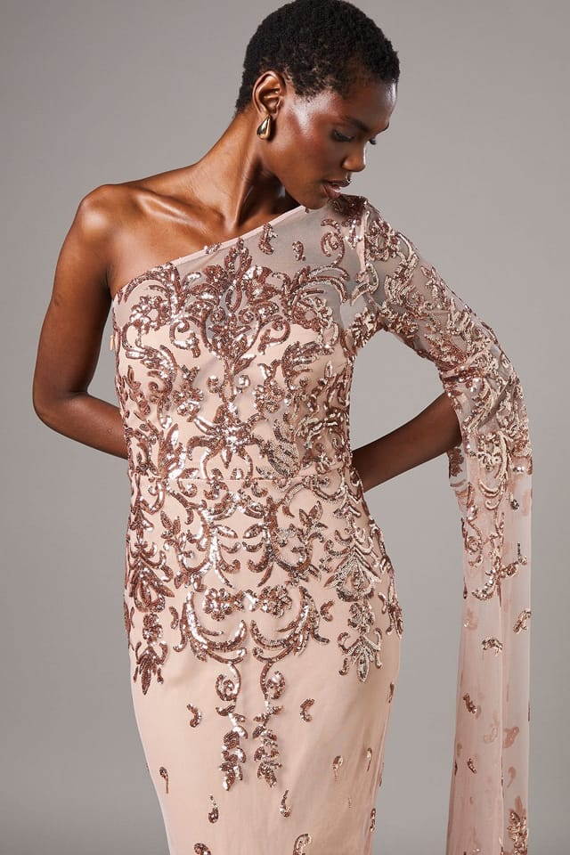 Coast Coast Women's One Shoulder Maxi Dress In Lace With Cape Sleeve in Champagne - 2