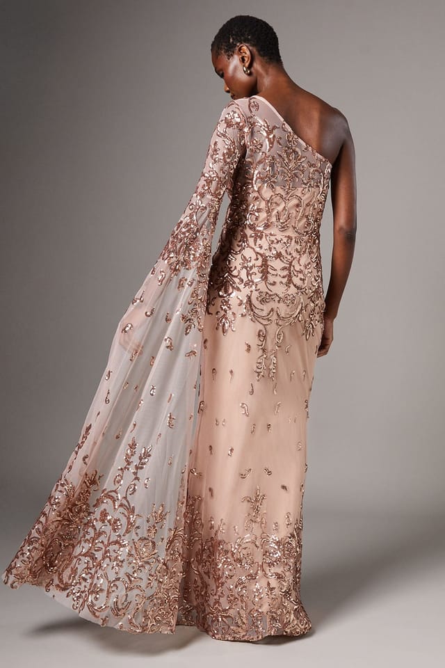 Coast Coast Women's One Shoulder Maxi Dress In Lace With Cape Sleeve in Champagne - 3