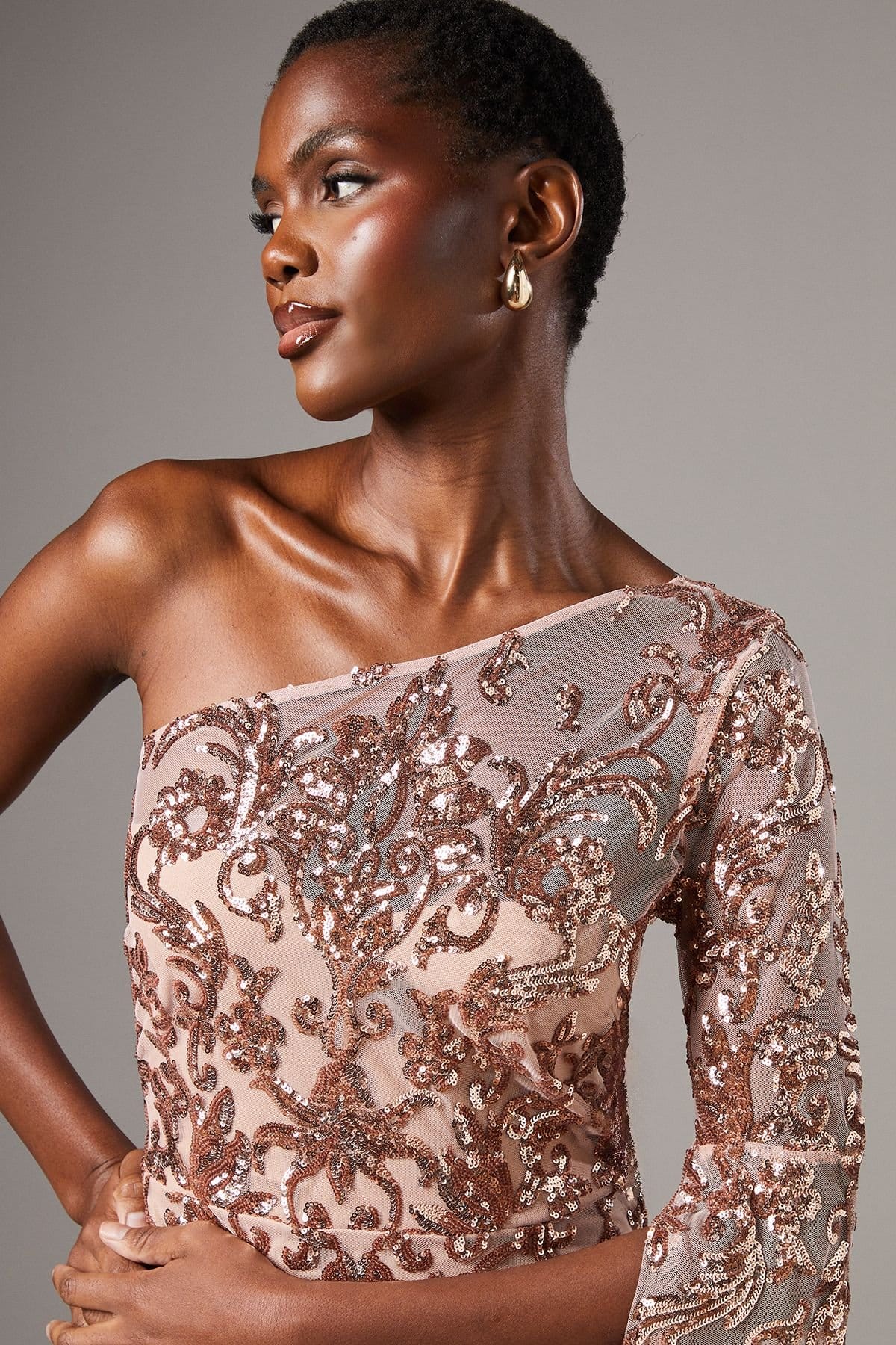 Coast Coast Women's One Shoulder Maxi Dress In Lace With Cape Sleeve in Champagne - 4