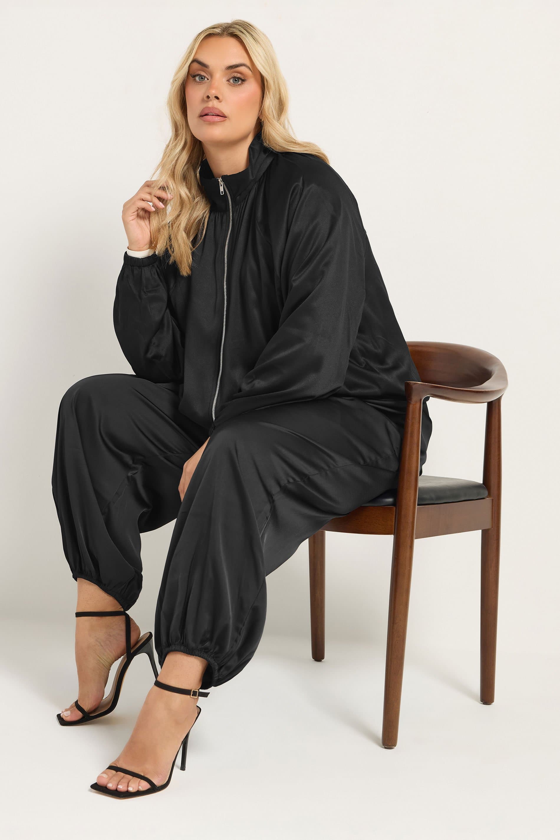 Yours Plus Size Black Balloon Hem Satin Bomber Jacket