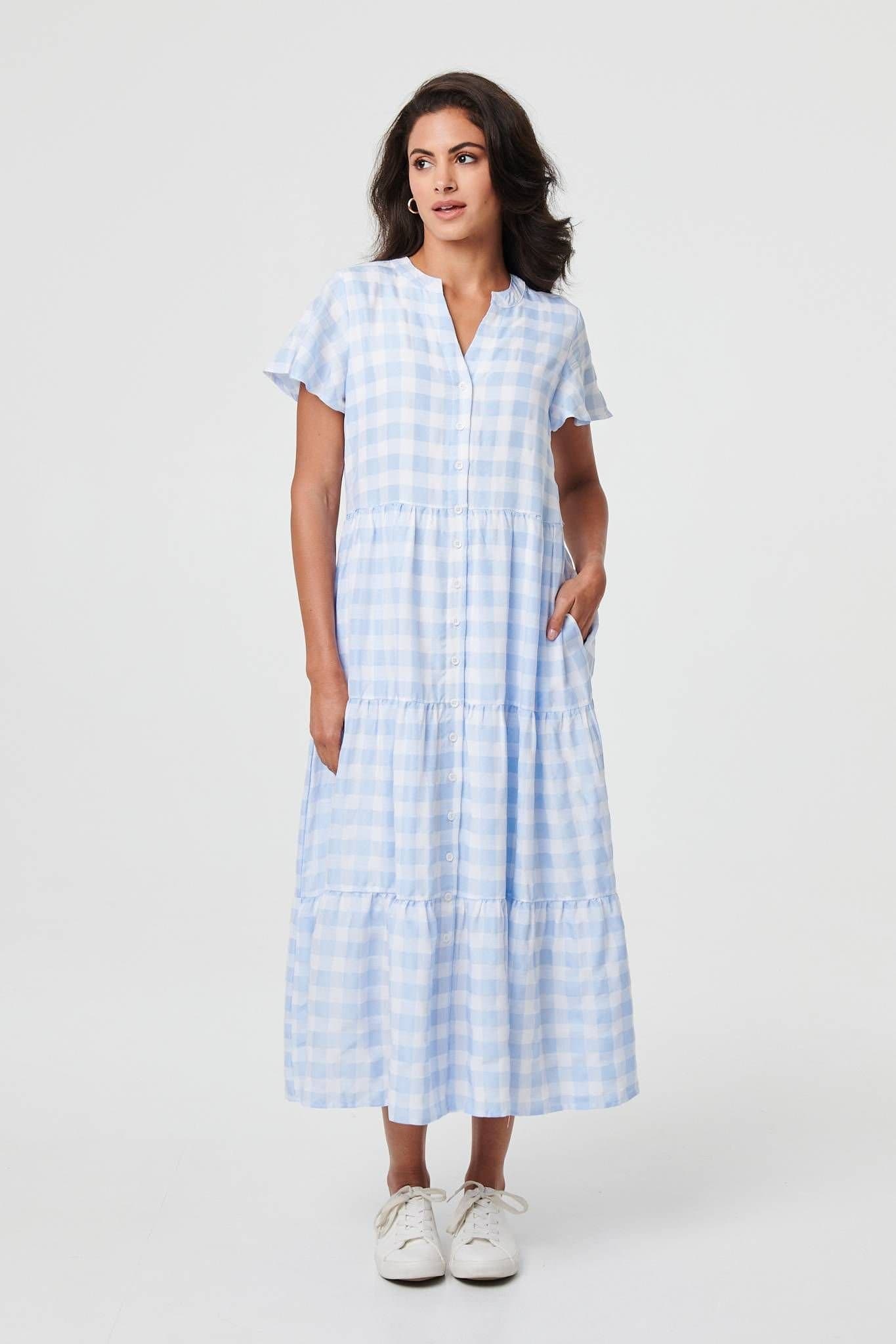Izabel London Izabel London Women's Checked Short Sleeve Tiered Maxi Dress in Blue
