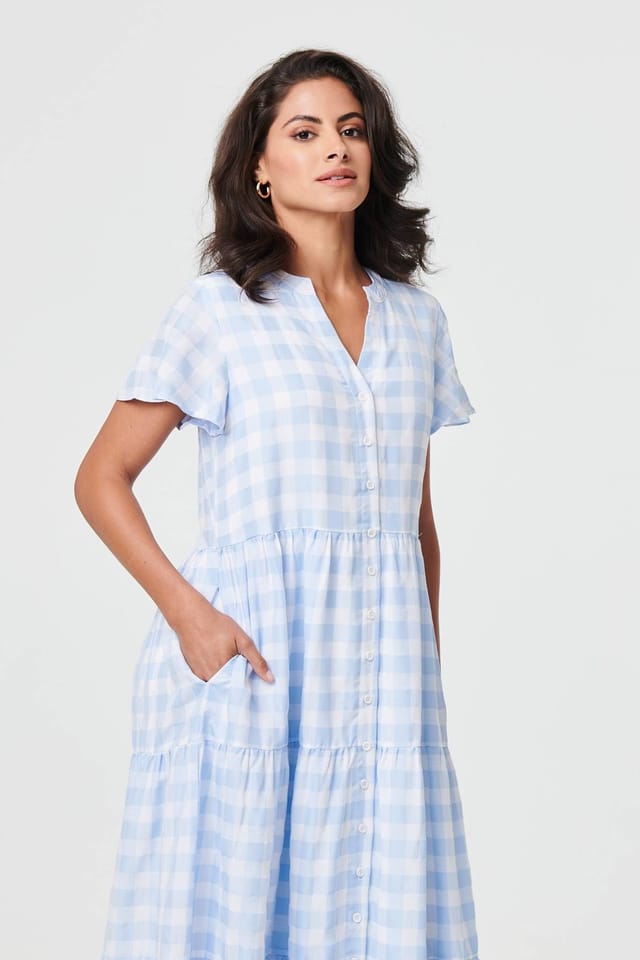 Izabel London Izabel London Women's Checked Short Sleeve Tiered Maxi Dress in Blue - 2