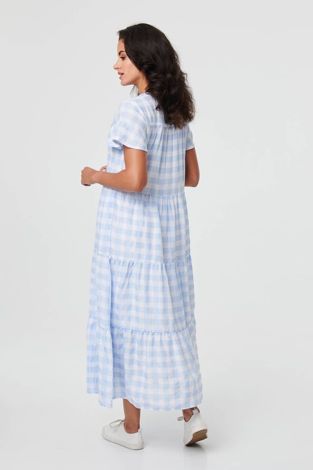 Izabel London Izabel London Women's Checked Short Sleeve Tiered Maxi Dress in Blue - 3