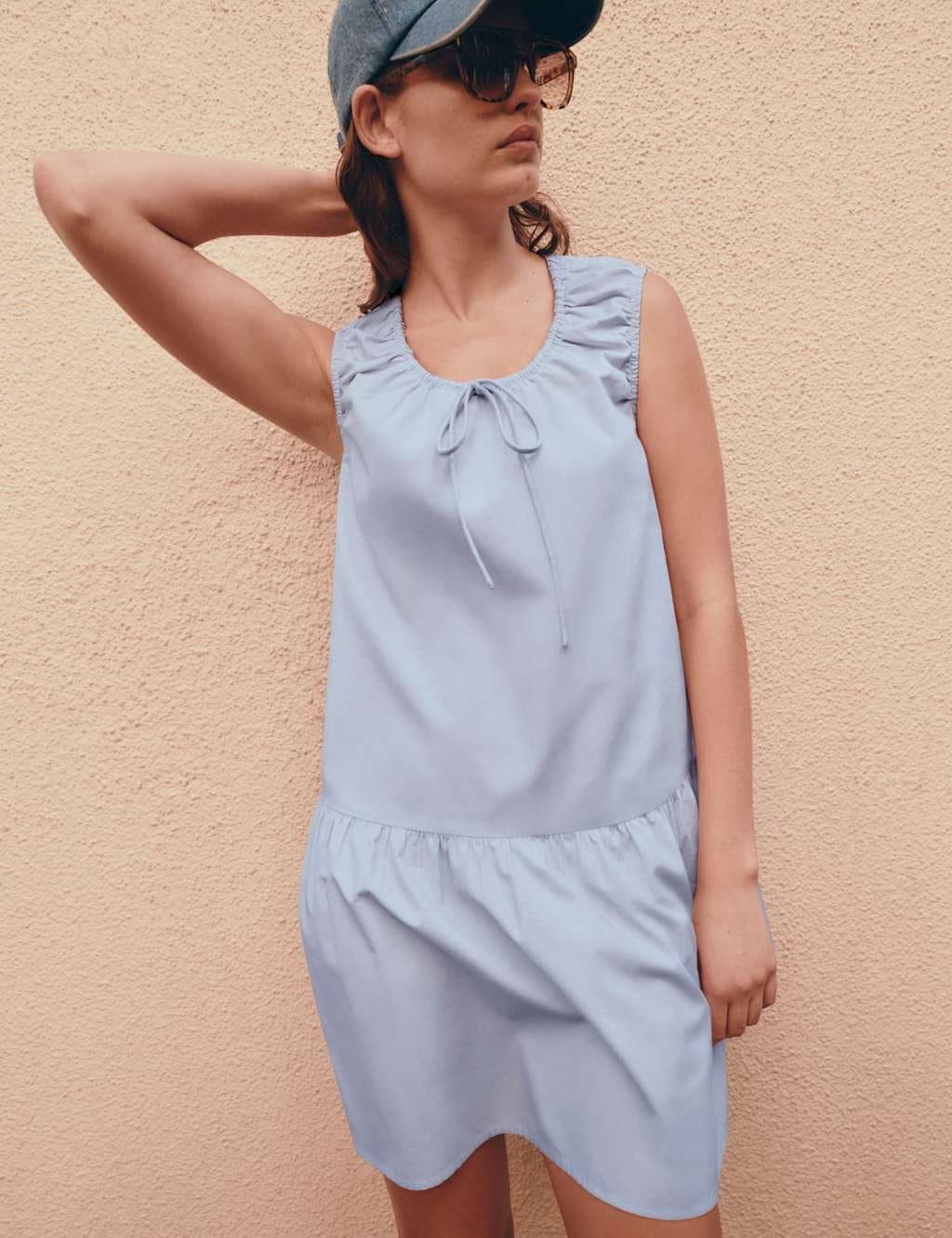 Marks & Spencer M&S Pure Cotton Tie Detail Mini Tiered Dress Pale Blue