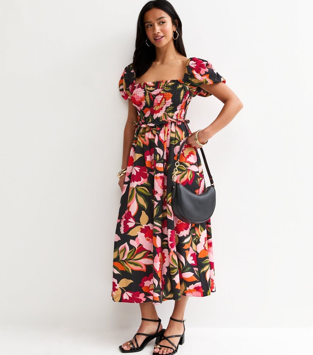 New Look Women's Petite Black Floral Print Shirrd Milkmaid Midi Dress New Look