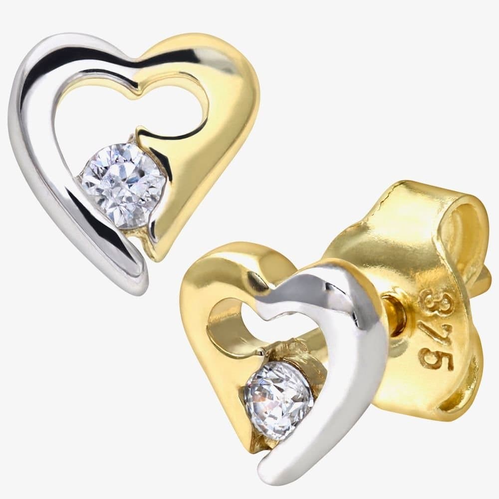 T.H.Baker T.H.Baker Women's 9ct Two-Colour Open Heart Cubic Zirconia Stud Earrings E1014YW in Gold