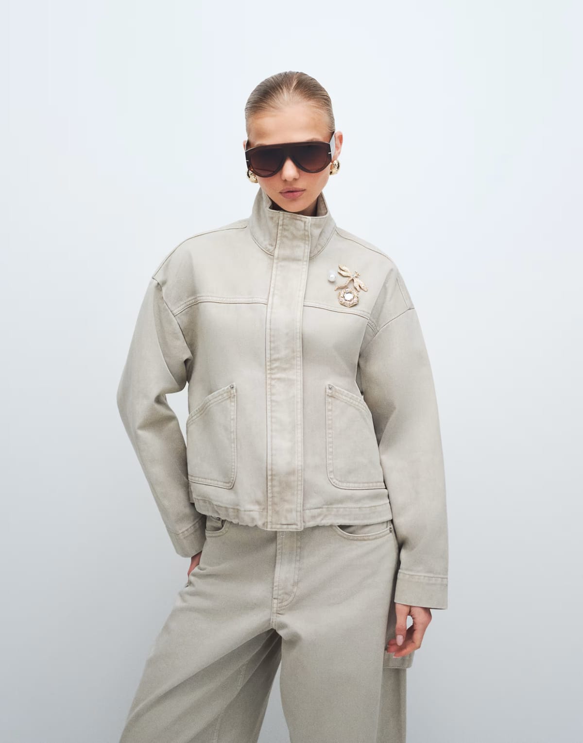 ASOS ASOS DESIGN denim funnel neck jacket co-ord in neutral - 1