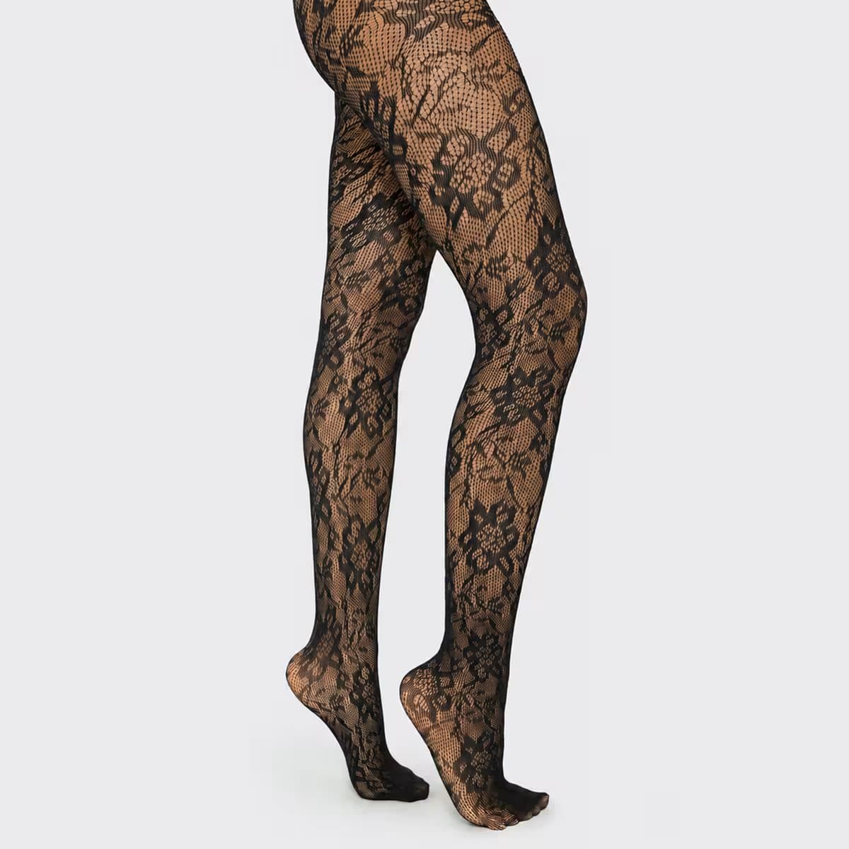 EGO Fishnet Floral Detail Tights In Black, Women's Size UK 0
