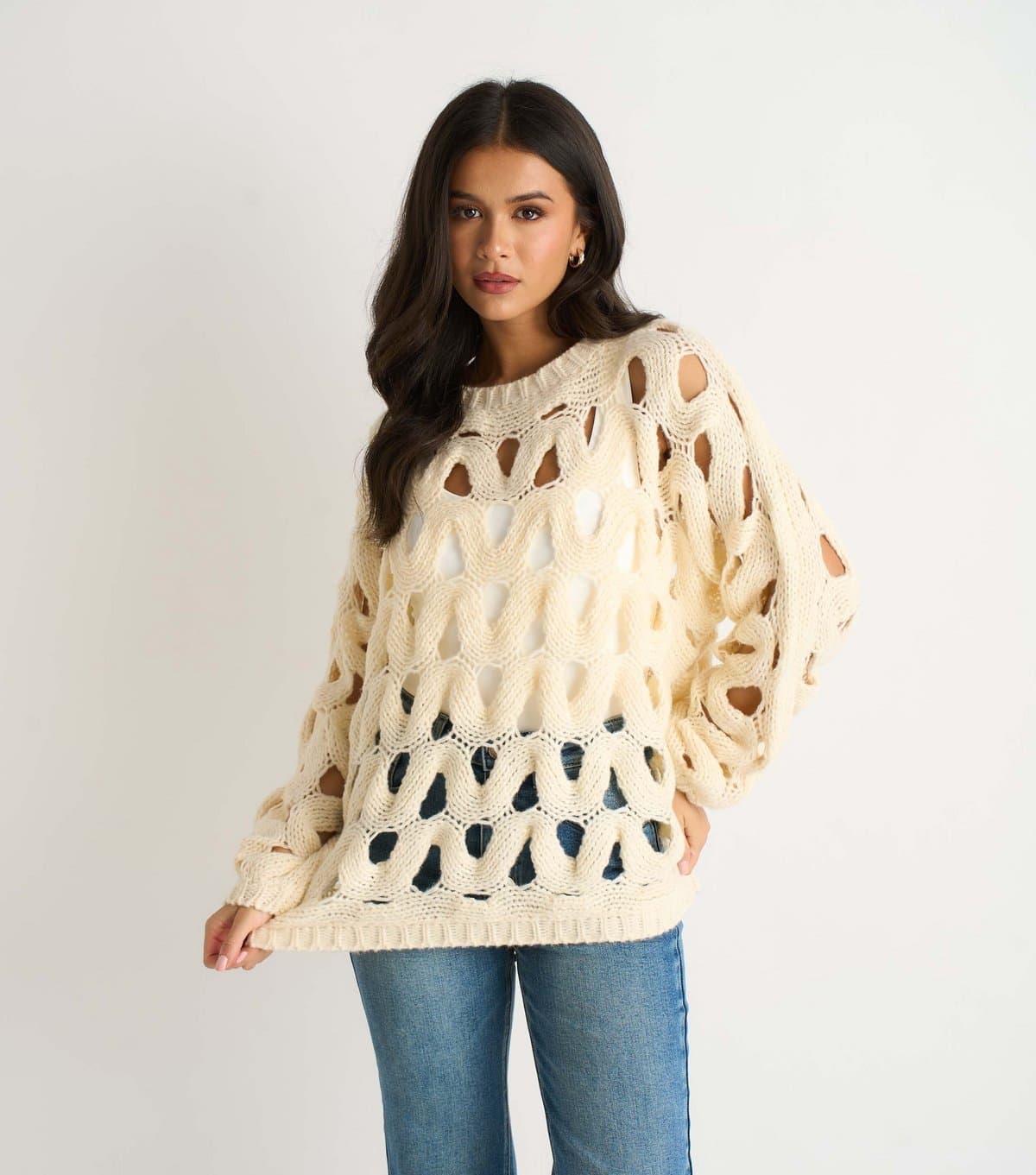 Gini London Women's Cream Hollow Knit Jumper Gini London New Look