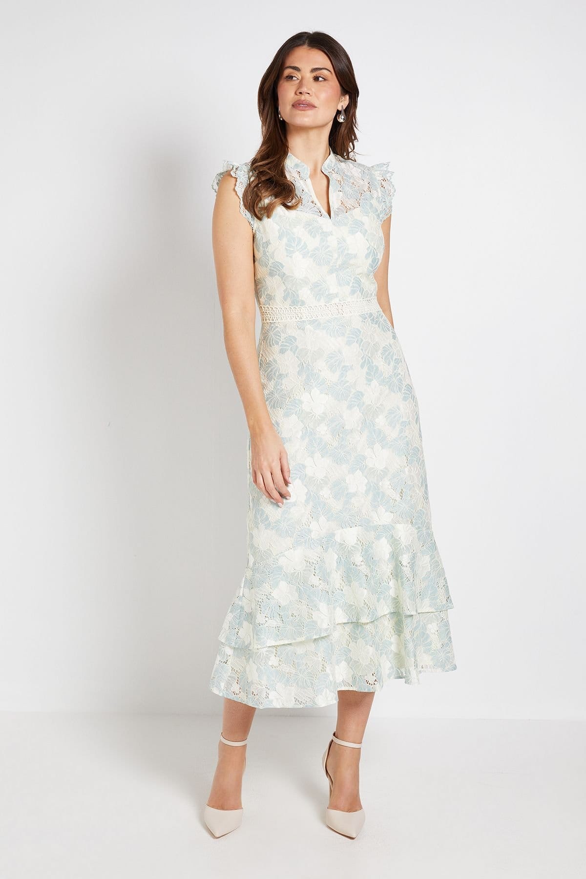 Wallis Wallis Women's Lace Ruffle Sleeve Midi Dress in Mint - 1