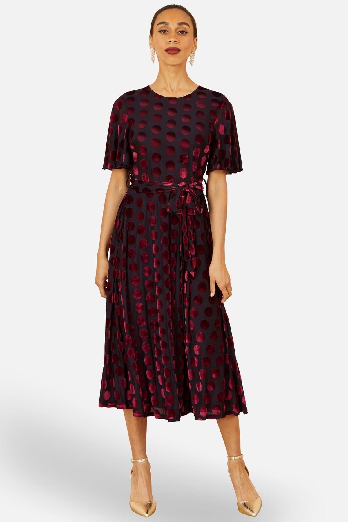 Yumi Yumi Women's Burgundy Velour Spot Midi Skater Dress