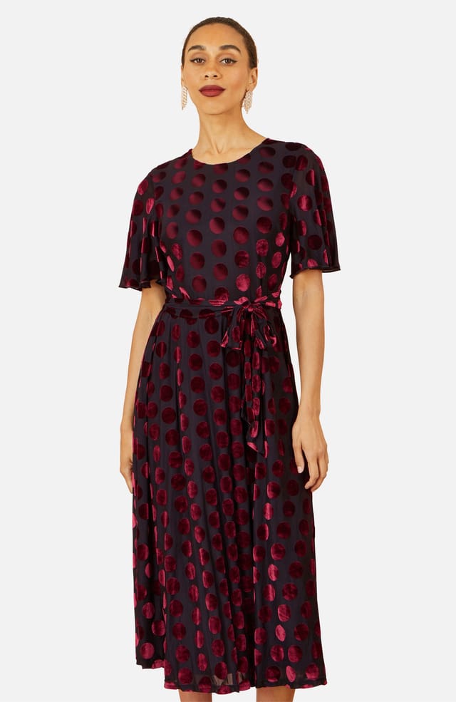 Yumi Yumi Women's Burgundy Velour Spot Midi Skater Dress - 2