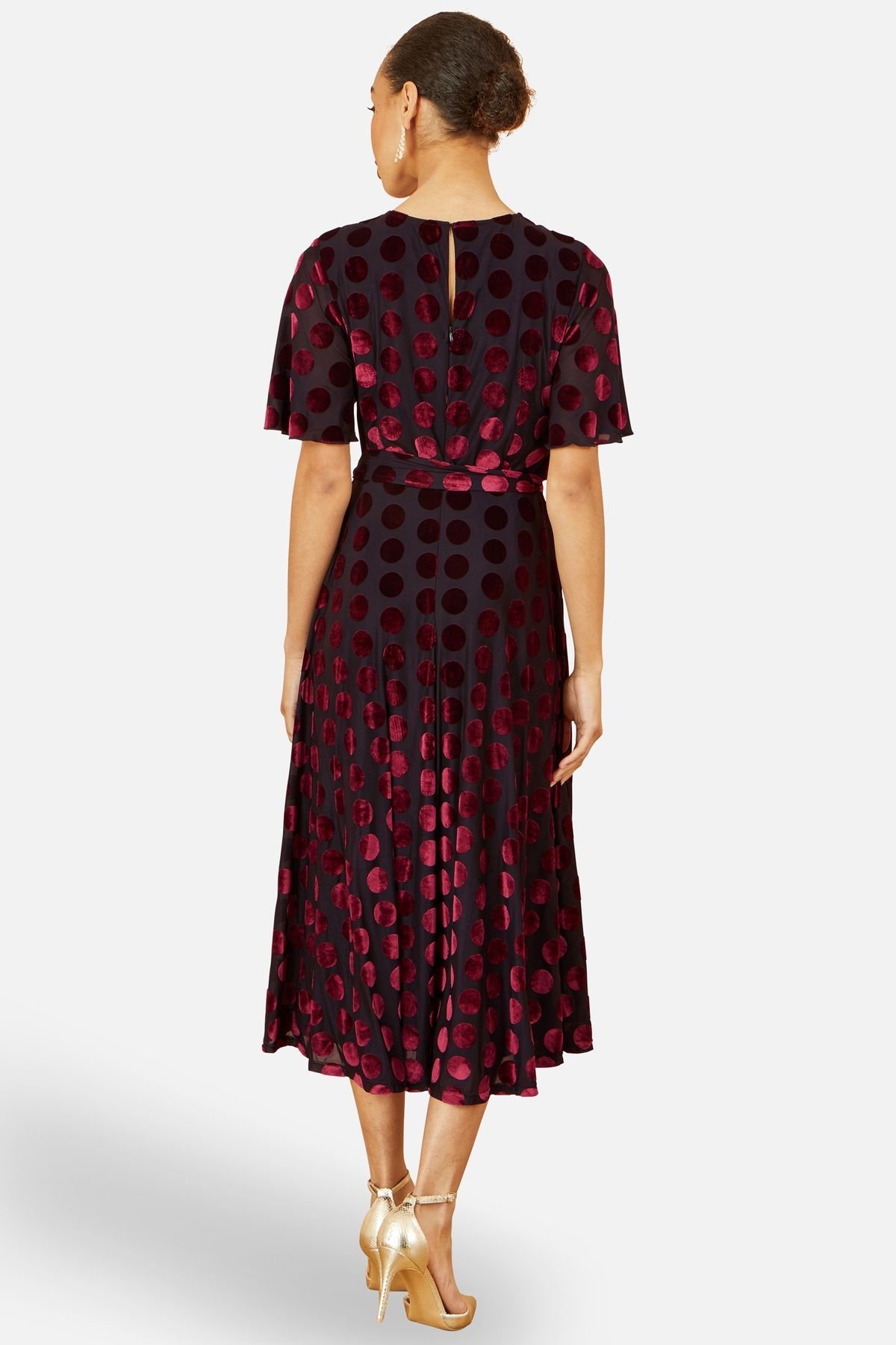 Yumi Yumi Women's Burgundy Velour Spot Midi Skater Dress - 3