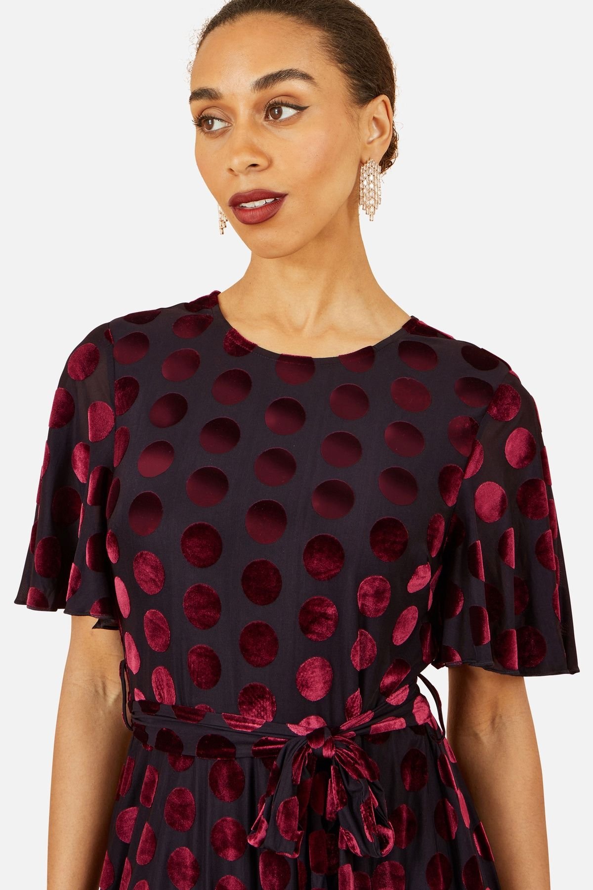 Yumi Yumi Women's Burgundy Velour Spot Midi Skater Dress - 4