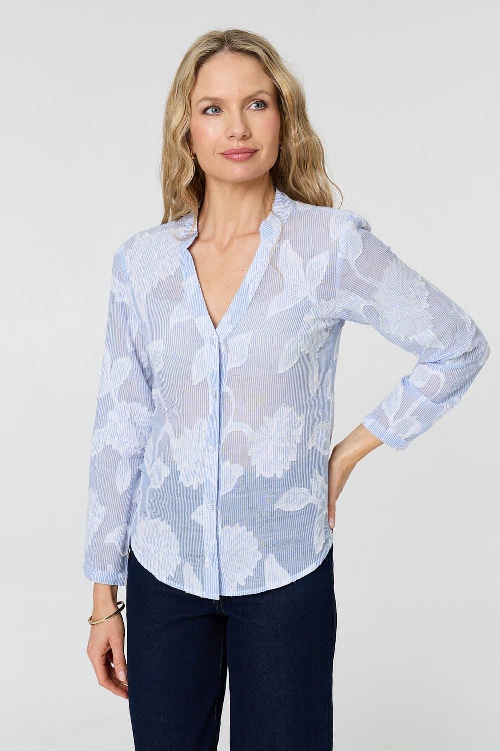 Izabel London Izabel London Women's Floral Textured Long Sleeve Slim Shirt in Blue