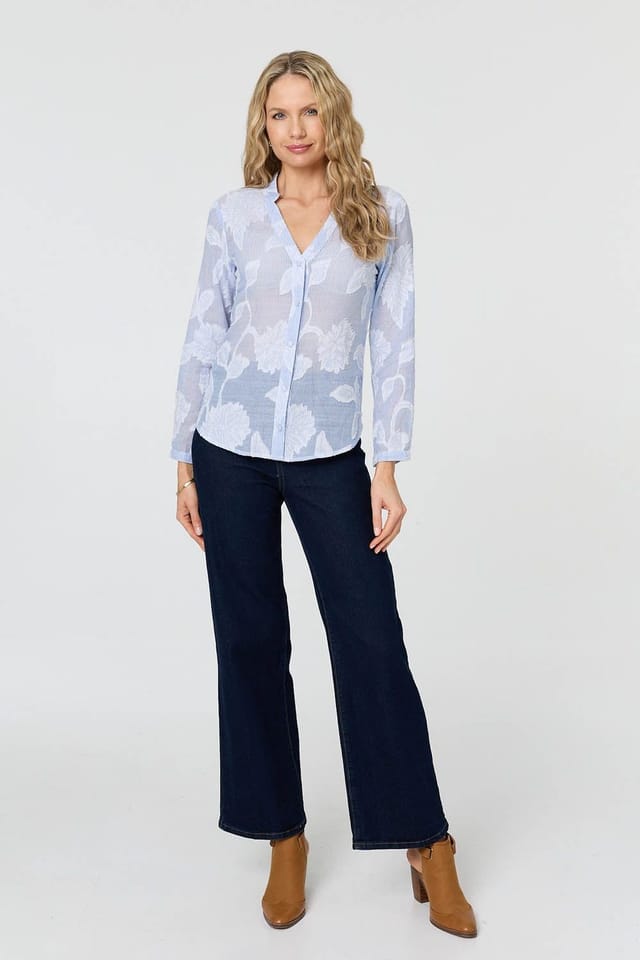 Izabel London Izabel London Women's Floral Textured Long Sleeve Slim Shirt in Blue - 2