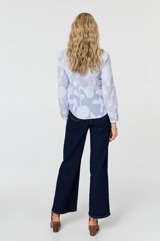 Izabel London Izabel London Women's Floral Textured Long Sleeve Slim Shirt in Blue - 3