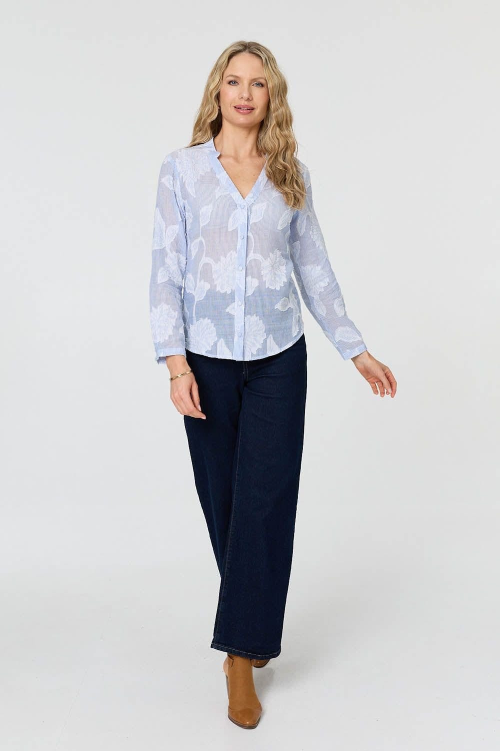 Izabel London Izabel London Women's Floral Textured Long Sleeve Slim Shirt in Blue - 4