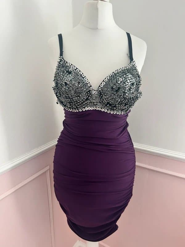 Vintage Dressing Goddiva Purple Ruched Sequin Cup Bodycon Dress (Size 8/10)