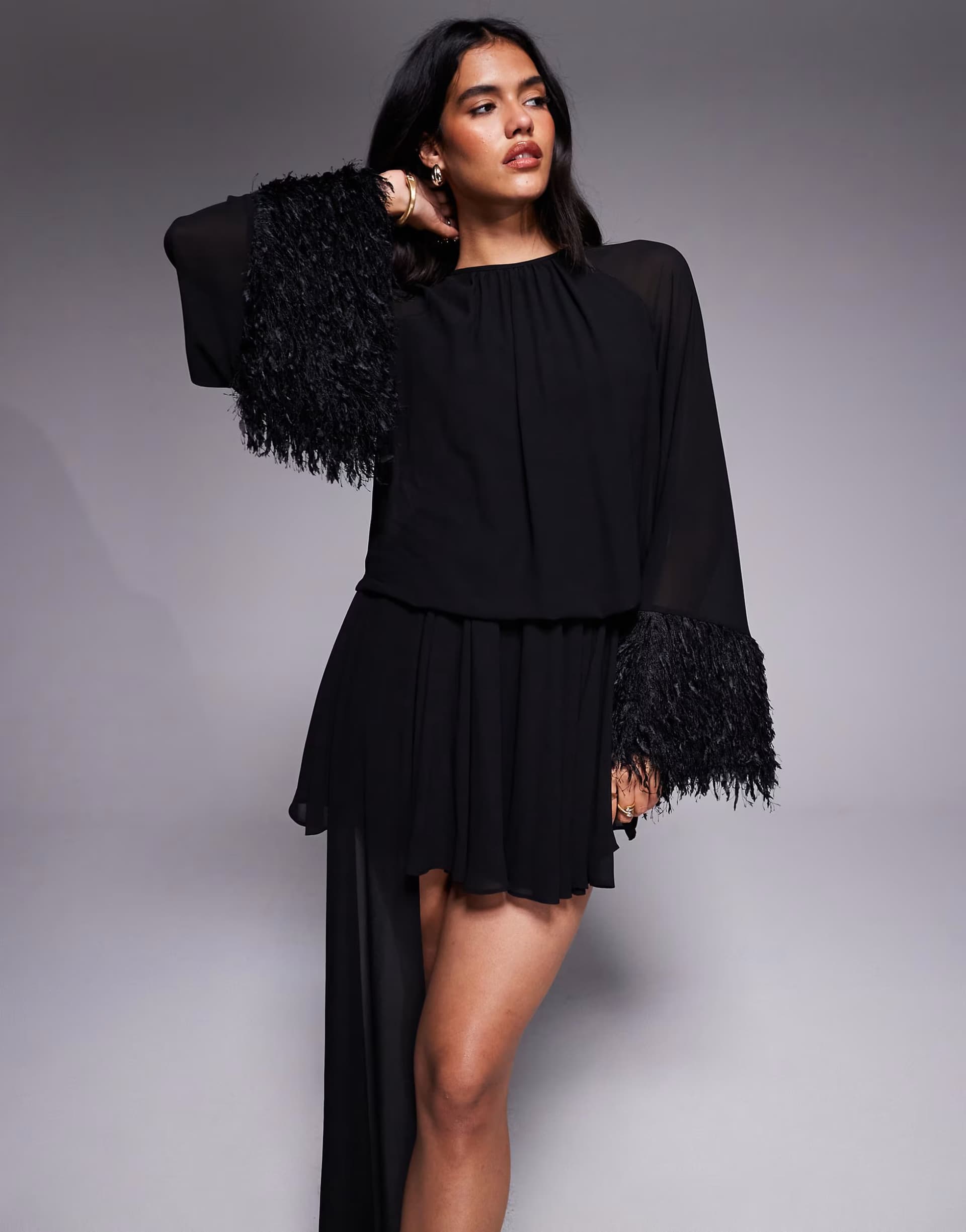 ASOS Jaded Rose faux fur cuff drape mini dress in black