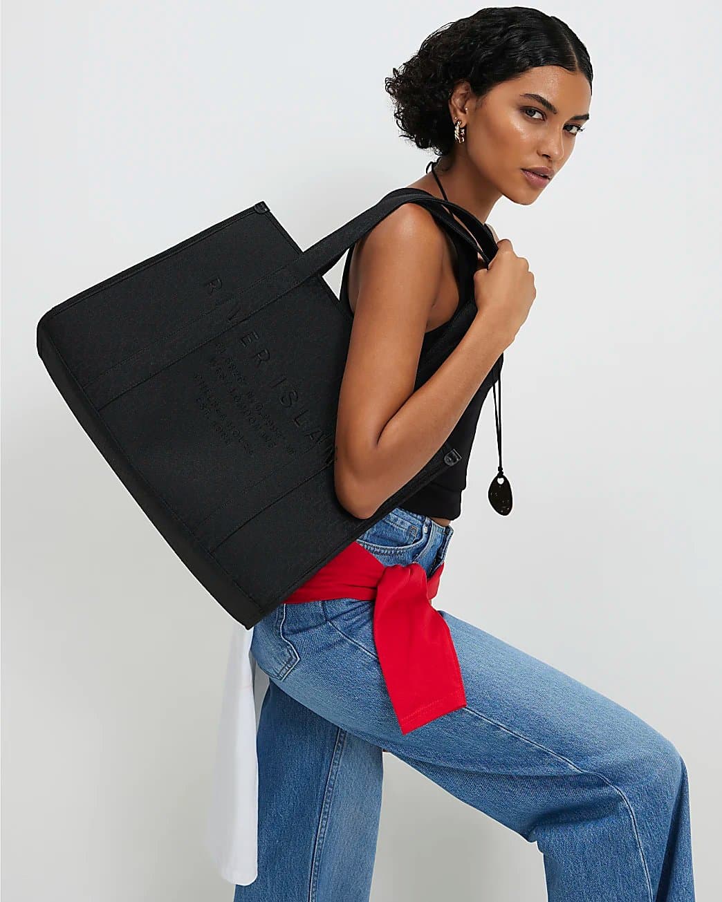 River Island River Island Womens Black Jacquard Embroidered Shopper Bag