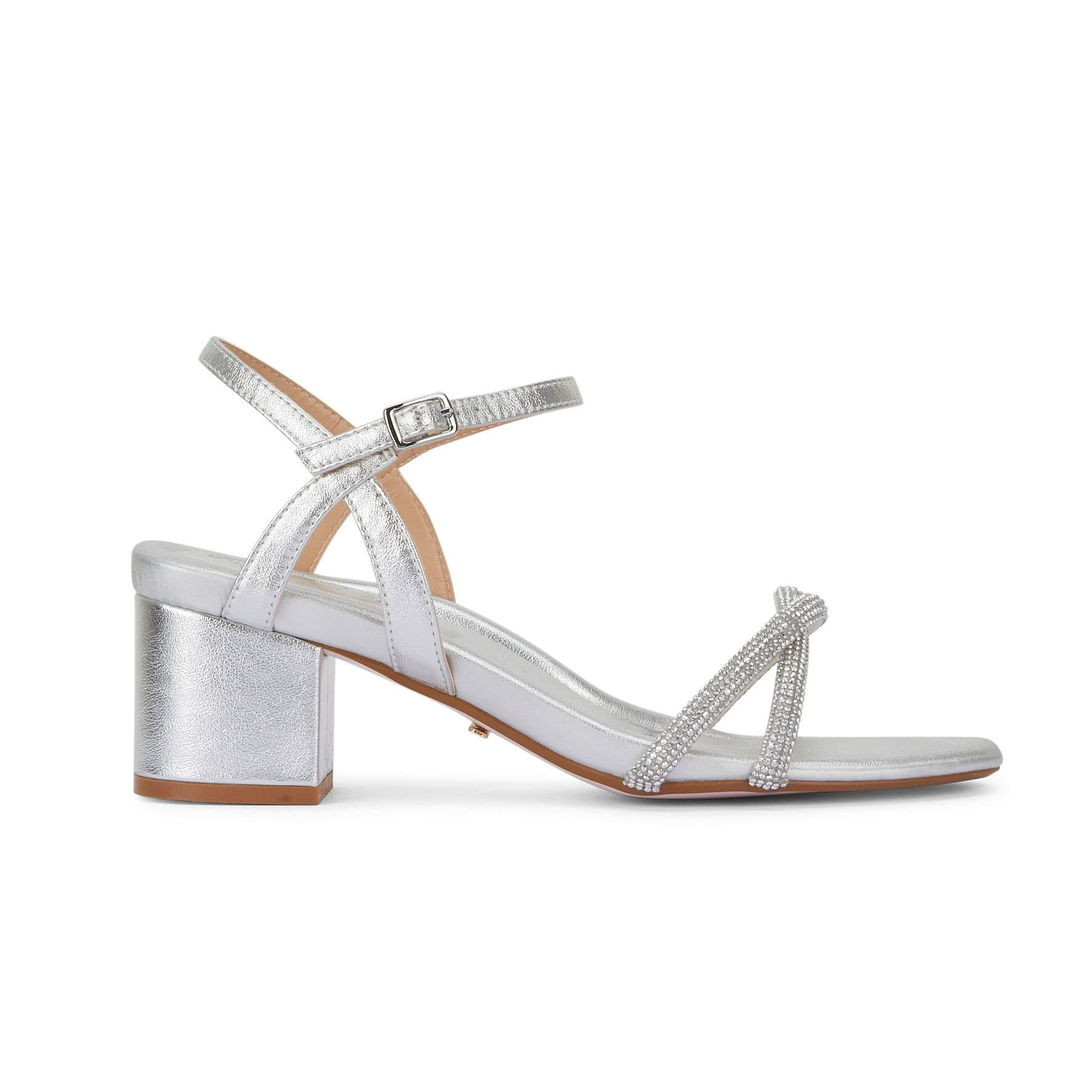 MALOW LONDON MALOW LONDON Women's Lana Heeled Sandals Buckle Strap PU Open Toe Block Heel Shoes in Silver