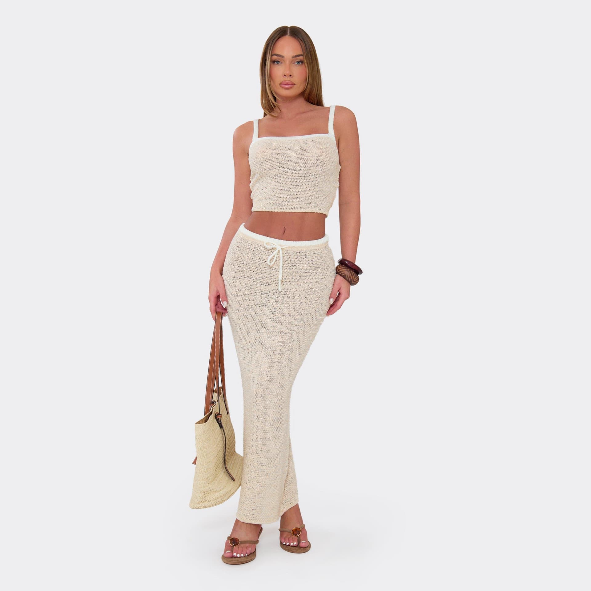 EGO EGO Beige Knit Tie Waist Maxi Skirt