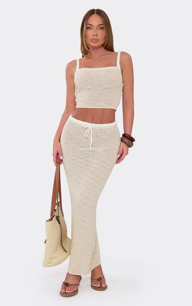 EGO Low Rise Contrast Detail Tie Waist Maxi Skirt In Beige Knit, Women's Size UK L - 2