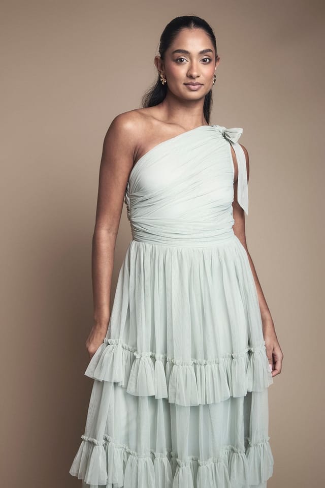 Oasis Oasis Women's Pleated Mesh One Shoulder Tiered Maxi Bridesmaid Maxi Dress in Sage - 2