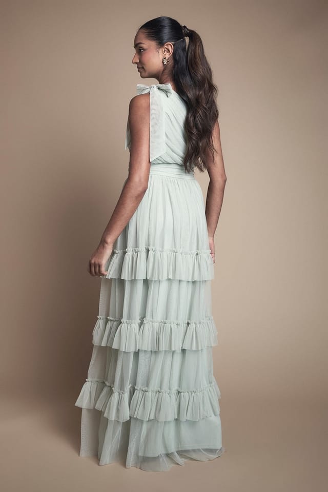 Oasis Oasis Women's Pleated Mesh One Shoulder Tiered Maxi Bridesmaid Maxi Dress in Sage - 3