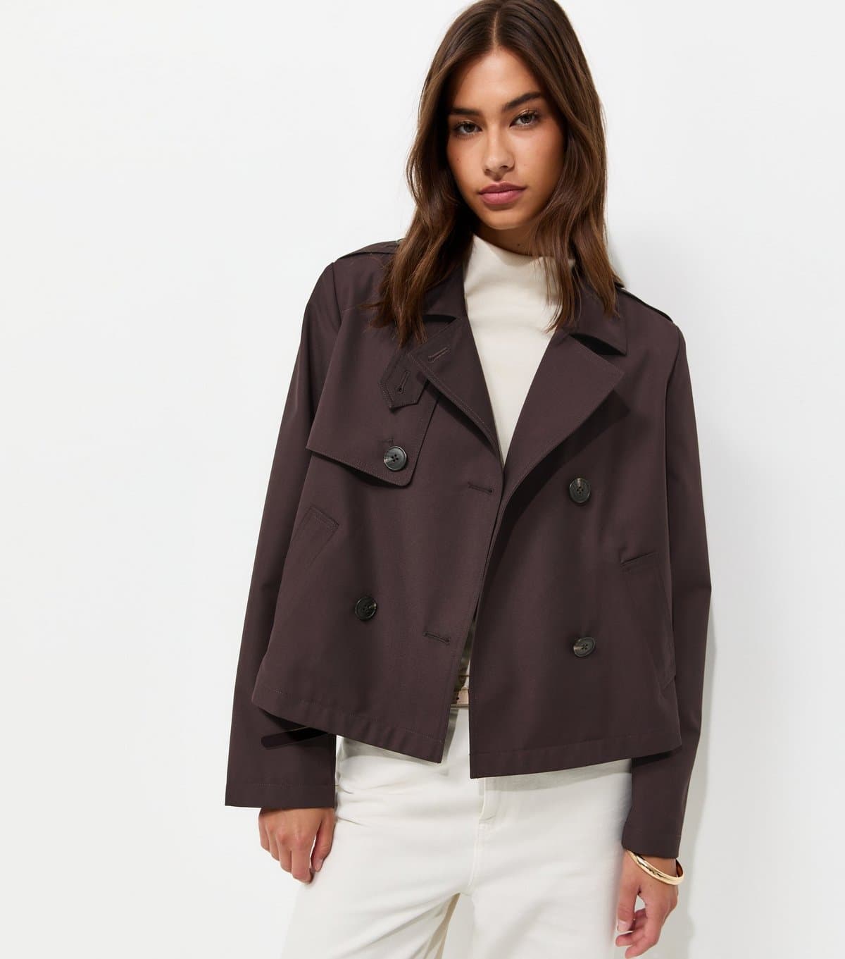 New Look Women's Dark Brown Double Breasted Cropped Trench Jacket New Look
