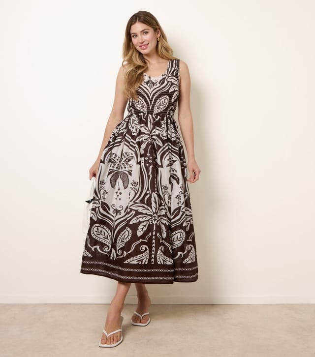 Blue Vanilla Women's Dark Brown Palm Print Shirred Midi Dress Blue Vanilla New Look - 3