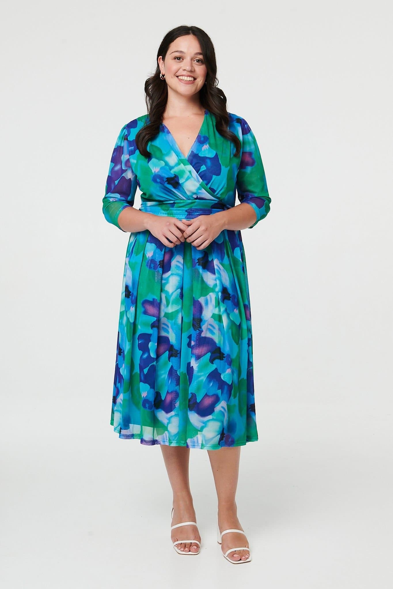 Izabel London Izabel London Women's Curve Printed Pleated Wrap Midi Dress in Blue