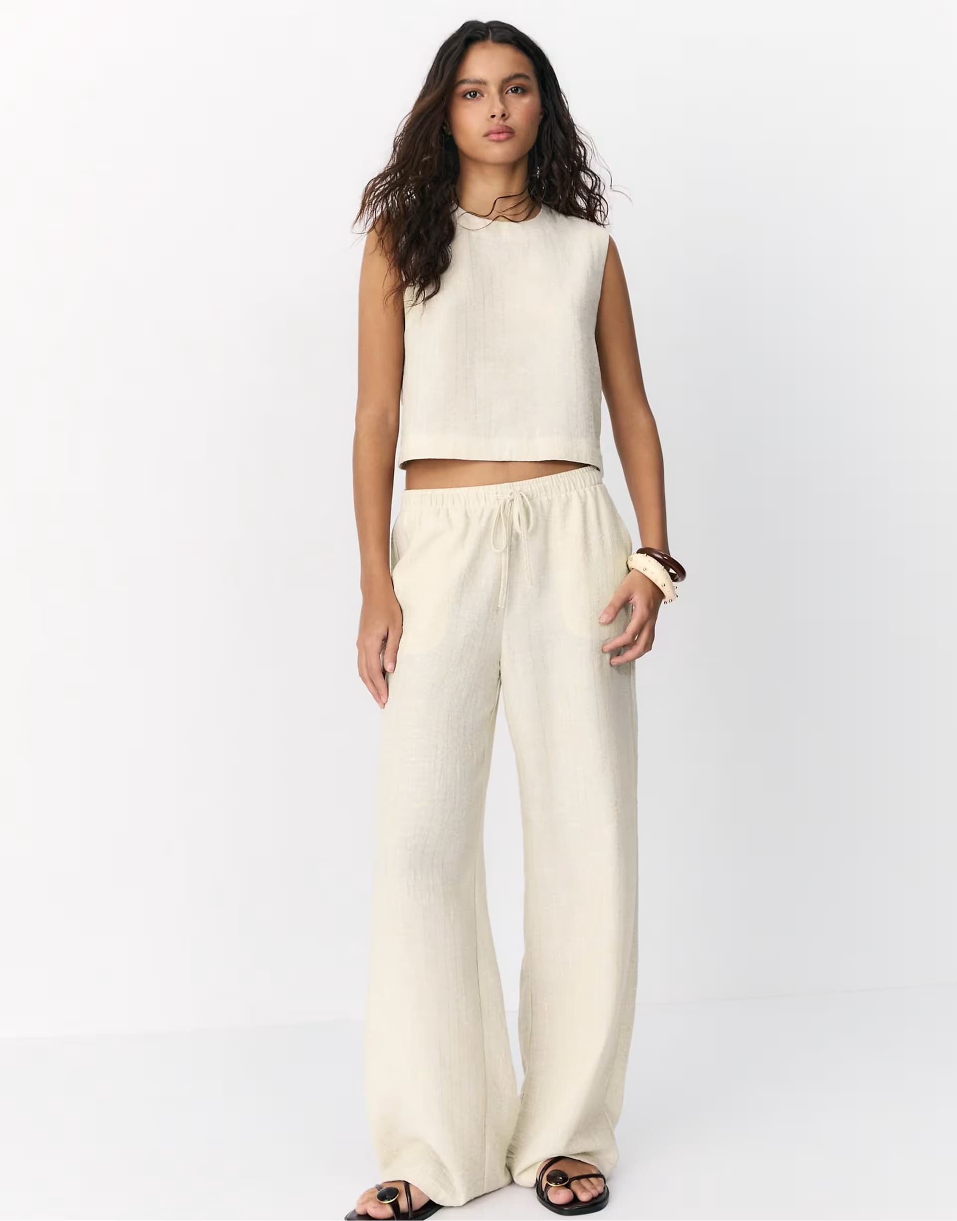 ASOS Stradivarius Flowing metallic thread trousers in stone