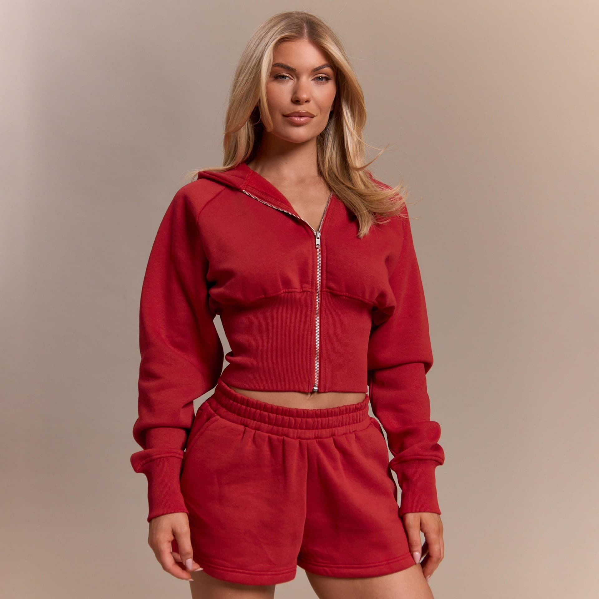EGO Long Sleeve Zip Up Front Cinched Waist Hoodie In Red, Women's Size UK 6
