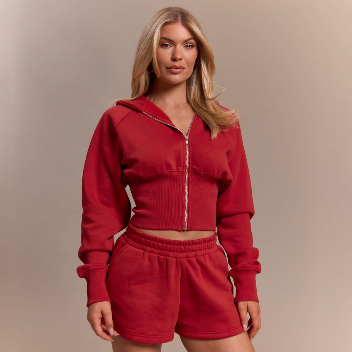 EGO Long Sleeve Zip Up Front Cinched Waist Hoodie In Red, Women's Size UK 6 - 1