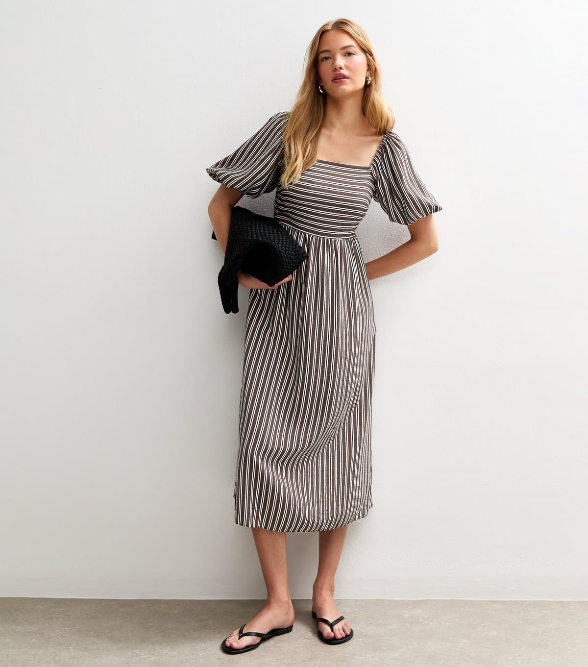 New Look Women's Brown Striped Square Neck Milkmaid Midi Dress New Look