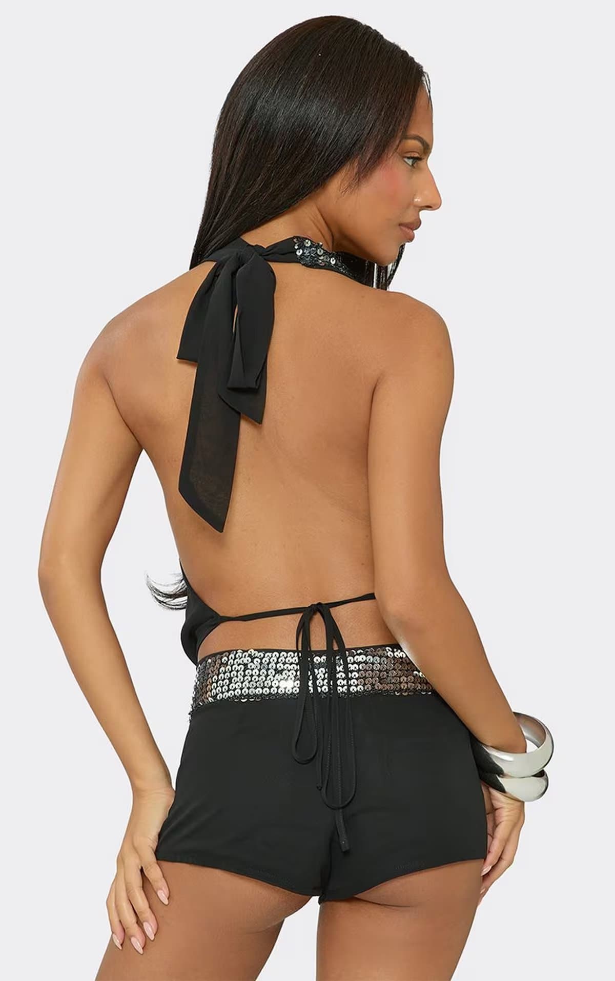 EGO Low Rise Sequin Panel Trim Mini Shorts In Black, Women's Size UK 6