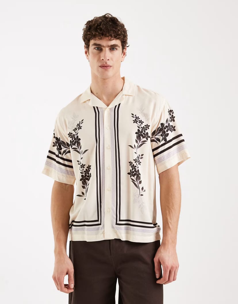 ASOS Redefined Rebel Teddy boxy fit short sleeve shirt in ecru - 1