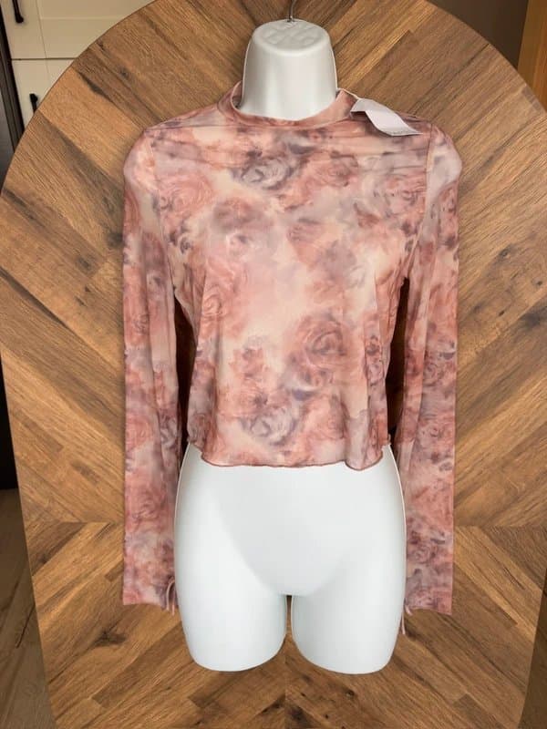 Bershka Bershka Pink Floral Mesh Long Sleeve Top size M