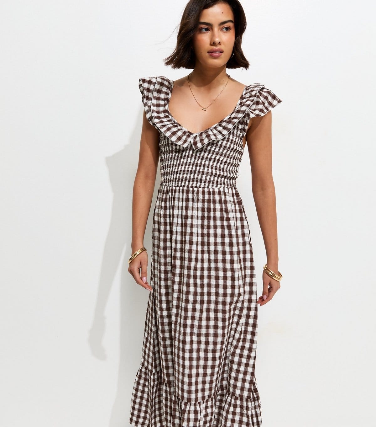 Women's Brown Cotton Gingham Ruffled Neck Midi Dress New Look