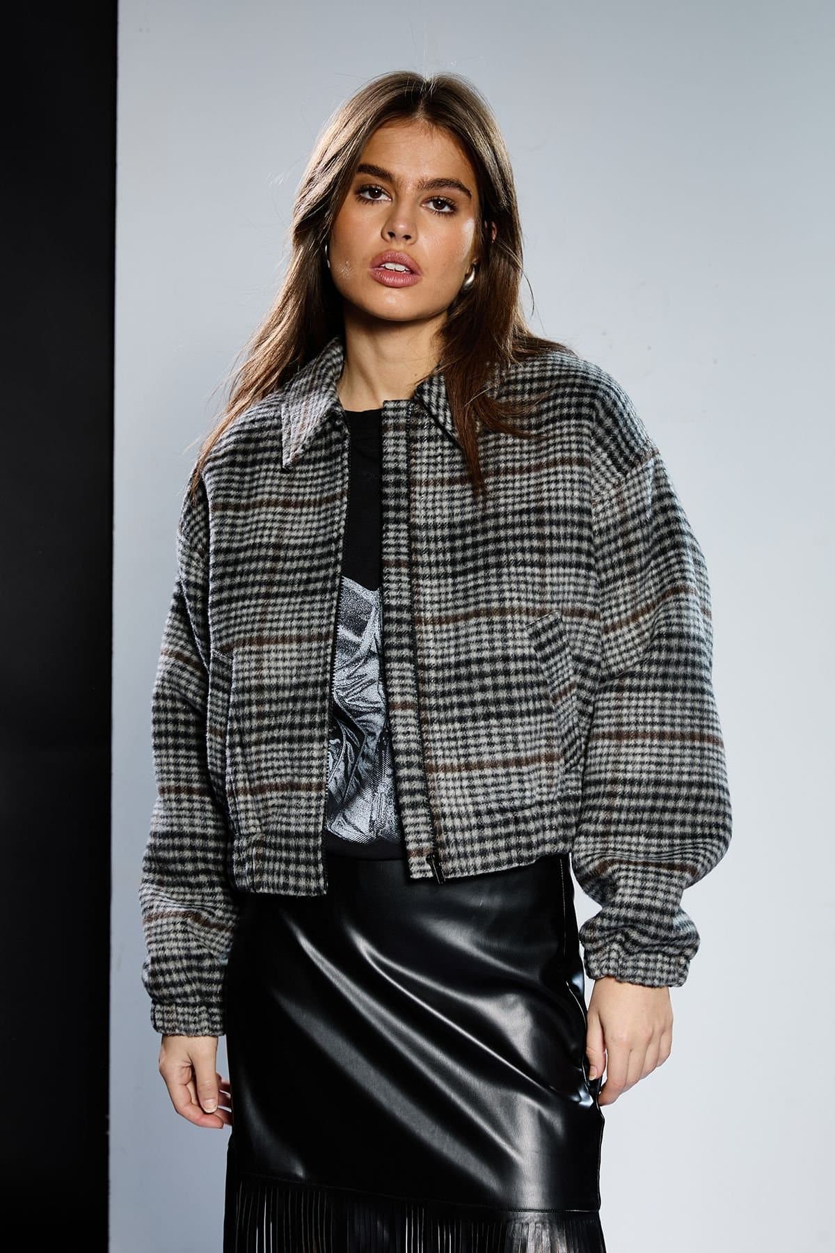 RUNWAY 1.8.1.8 RUNWAY 1.8.1.8 Women's Check Bomber Jacket in Grey