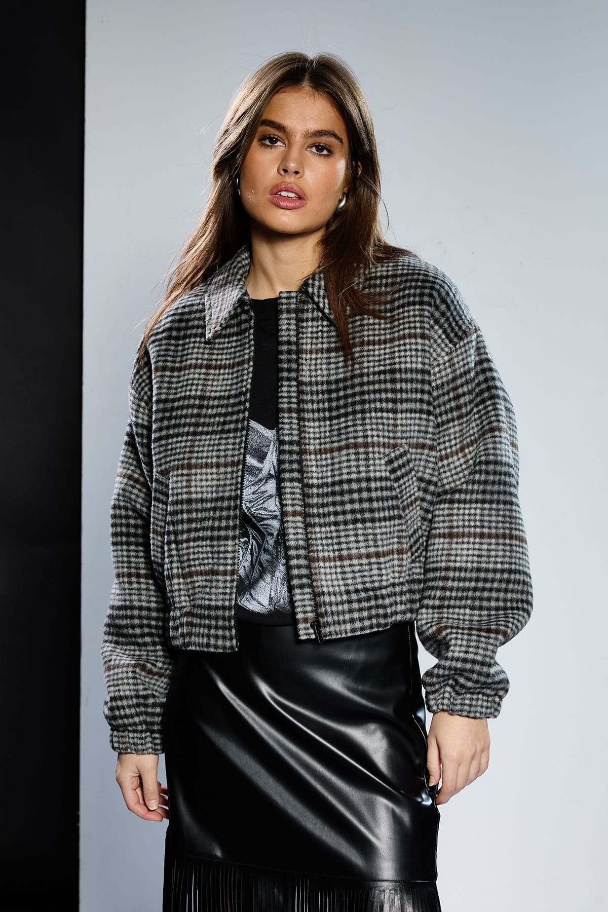 RUNWAY 1.8.1.8 RUNWAY 1.8.1.8 Women's Check Bomber Jacket in Grey - 1