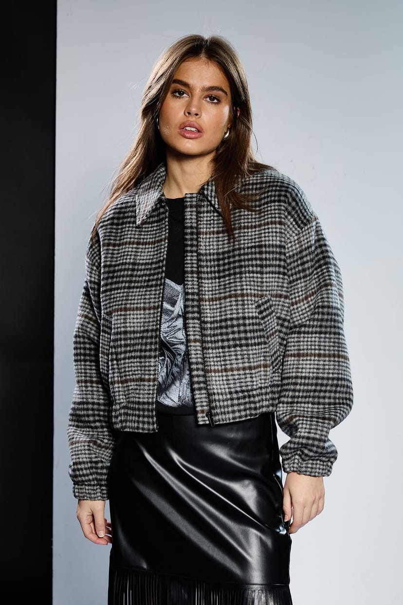 RUNWAY 1.8.1.8 RUNWAY 1.8.1.8 Women's Check Bomber Jacket in Grey - 1