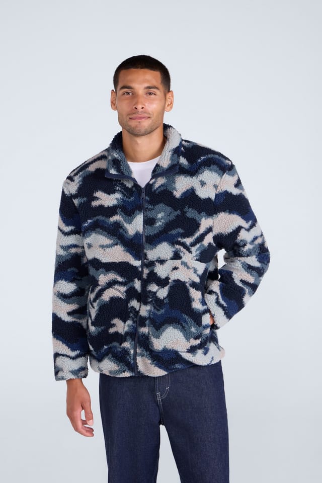 Animal Animal Men's 'Hennie' Printed Full Zip Funnel Neck Zipped Pockets Borg Jacket in Blue - 2