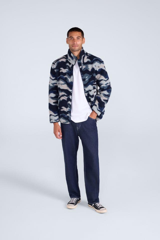 Animal Animal Men's 'Hennie' Printed Full Zip Funnel Neck Zipped Pockets Borg Jacket in Blue - 3