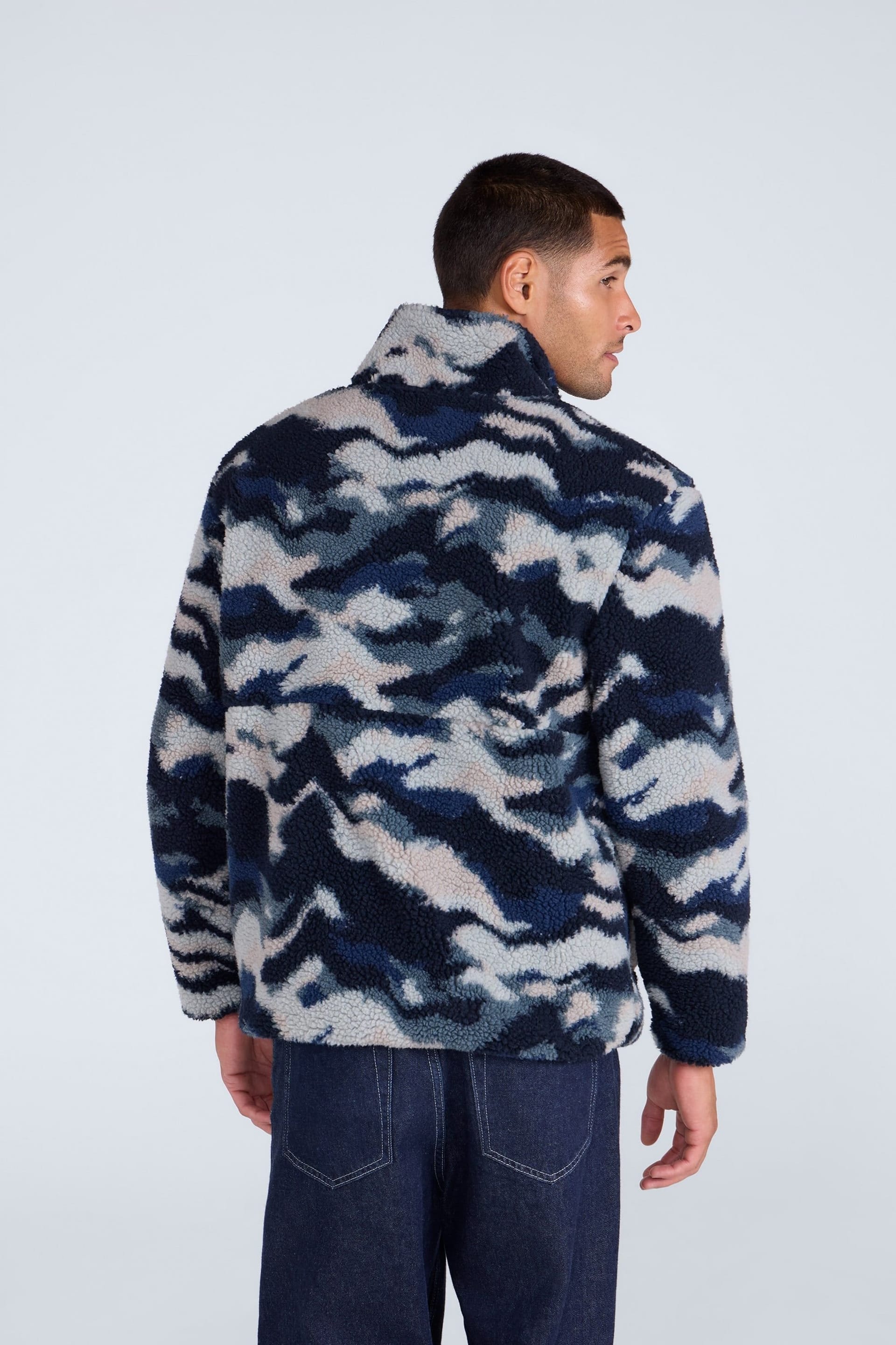 Animal Animal Men's 'Hennie' Printed Full Zip Funnel Neck Zipped Pockets Borg Jacket in Blue - 4